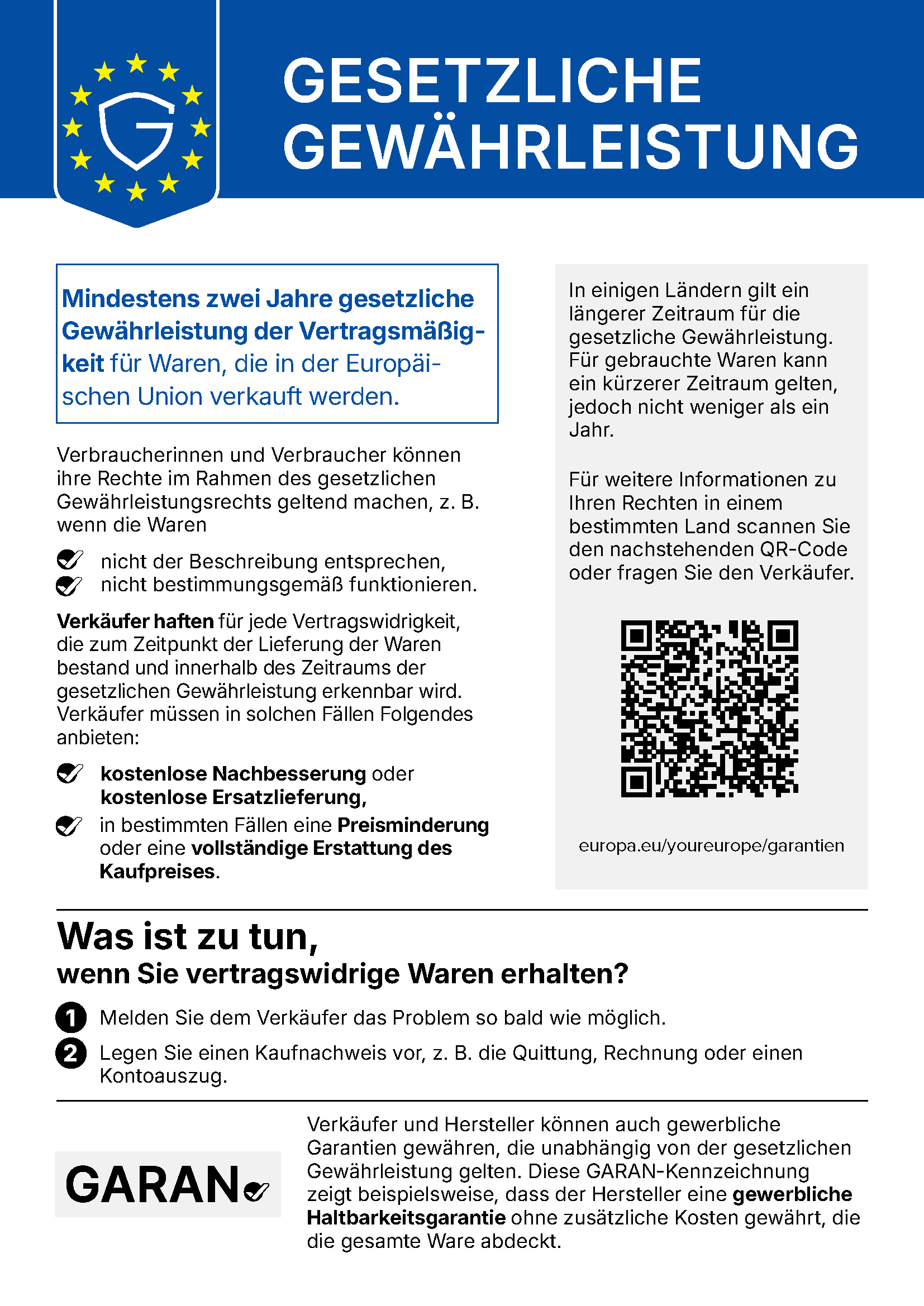 EU-Hinweis zur gesetzlichen Gewährleistung: mindestens zwei Jahre gesetzliche Gewährleistung für Waren, die in der EU verkauft werden